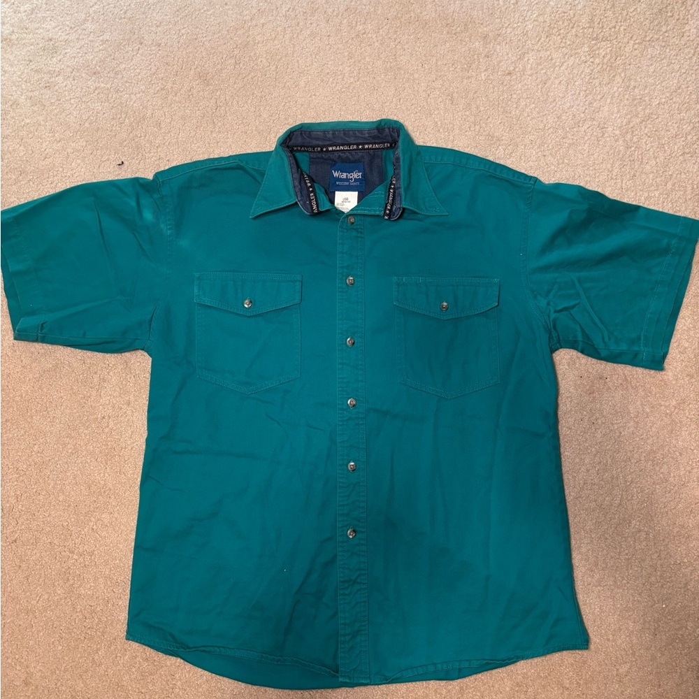 Vintage Wrangler Western Teal Short Sleeve Button Up Shirt Men's Large